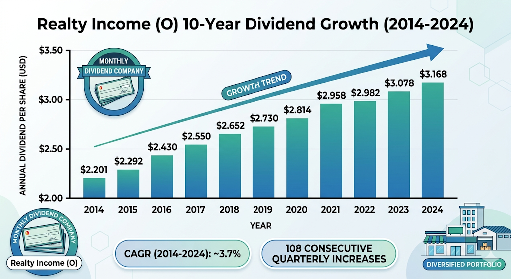 The dividend growth history of Realty Income from 2014 to 2024.
